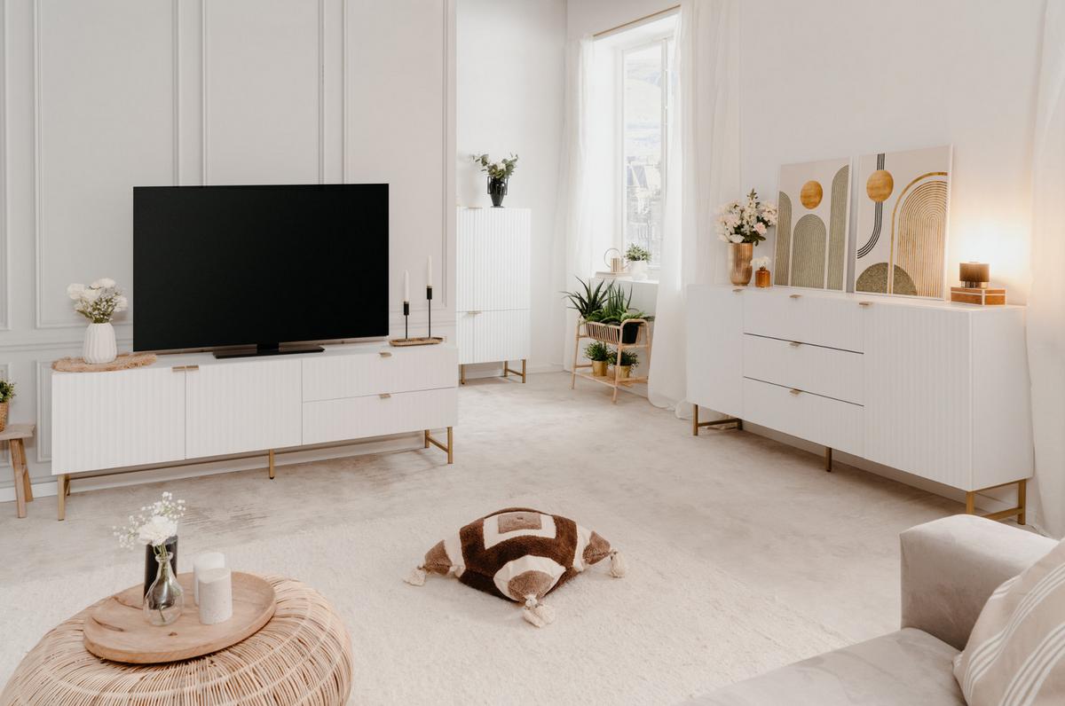 HIGHBOARD weiß, Gold 100 cm, Anrichte mit Soft-Close und 3D-Struktur - Goldfarben/Weiß, Holzwerkstoff/Metall (100/142/41cm) - Furn.Design