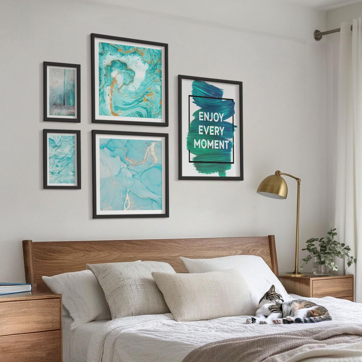 BILDER SET 5er Set - 50x50 cm & 20x30 cm & 40x60 cm Schwarzer Rahmen - Farbenfrohe Abstraktionen, Gesichter, Formen - Schwarz, Kunststoff (40/60cm) - TULUP