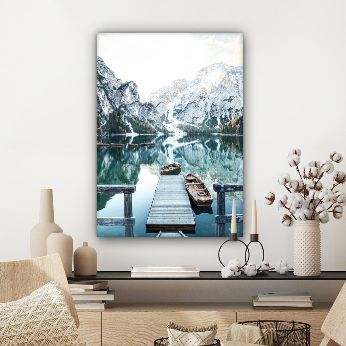 LEINWANDBILD Natur - Berge - Schnee - Wald - Boot Wandbild Wohnzimmer 60x80 cm - Hellgrün, Textil (60/80cm) - MuchoWow