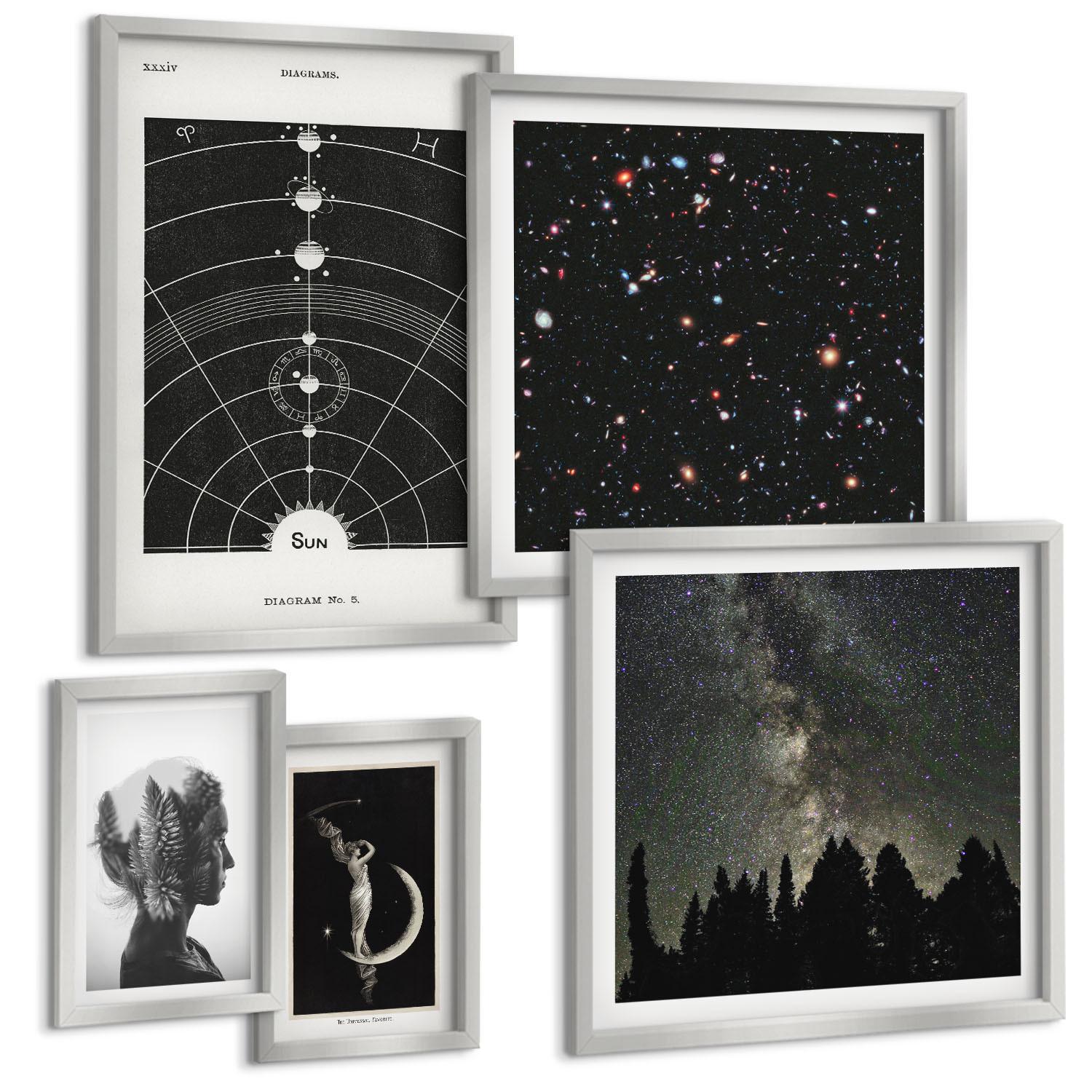 BILDER SET 5er Set - 50x50 cm & 20x30 cm & 40x60 cm Silberner Rahmen - Galaxie im Sonnensystem - Silberfarben, Kunststoff (40/60cm) - TULUP