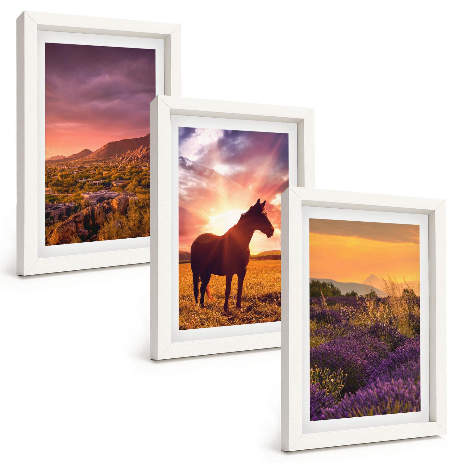 BILDER SET 3er Set - 20x30 cm Weißer Rahmen - Berglandschaft mit einem Pferd - Weiß, Kunststoff (20/30cm) - TULUP