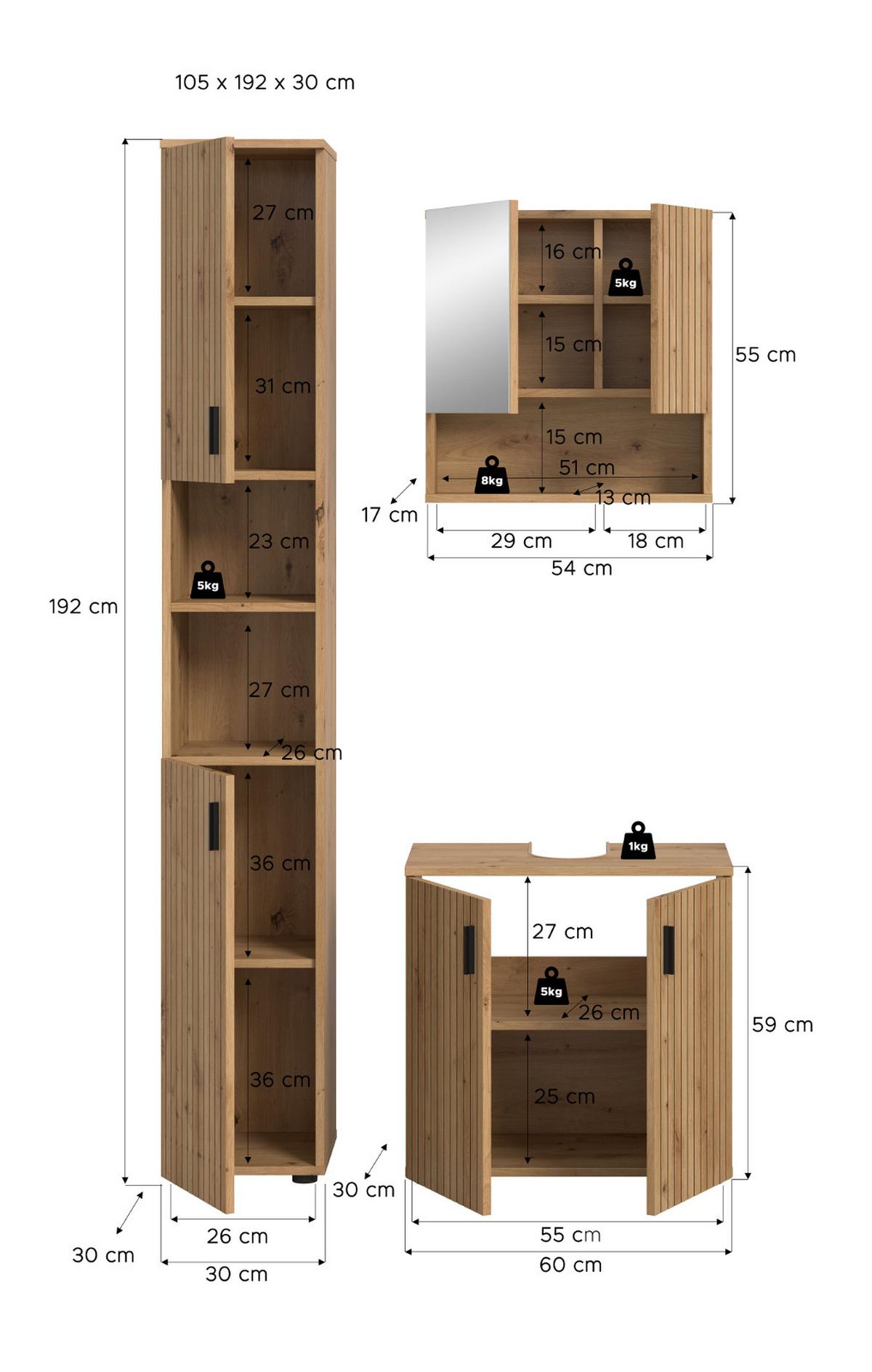 BADMÖBEL-SET Eiche Artisan 3-teilig 105 cm, Badkombination mit Rillen-Optik - Schwarz/Eiche Artisan, Glas/Holzwerkstoff (105/192/30cm) - Inn.Furn