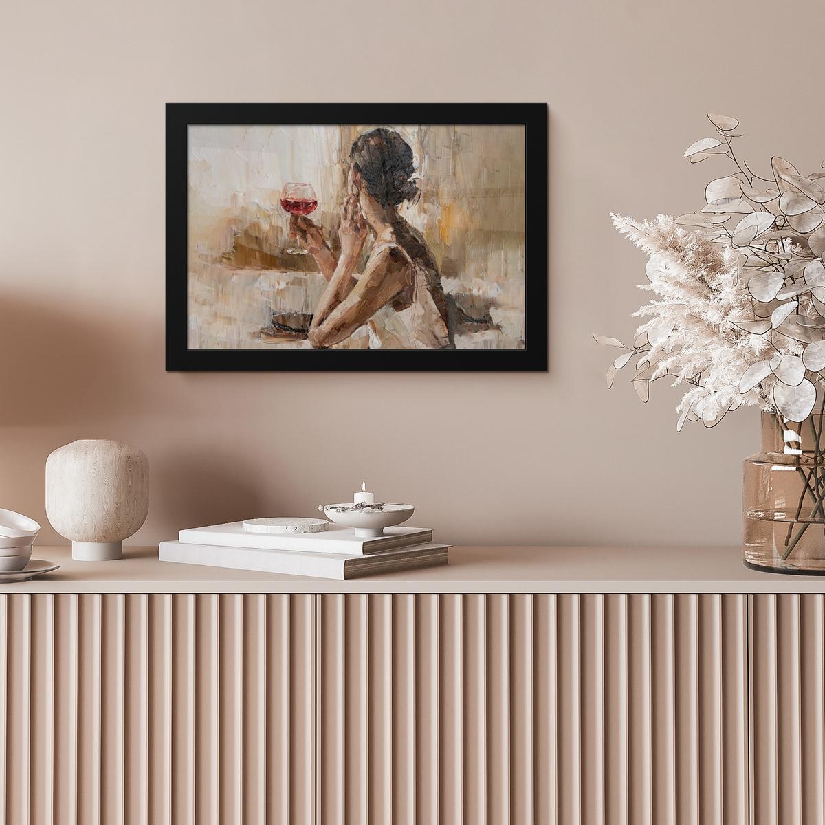 POSTER MIT RAHMENGERAHMTES BILD Ölgemälde - Frau - Wein 30x20 cm - Hellbraun, Papier (30/20cm) - MuchoWow