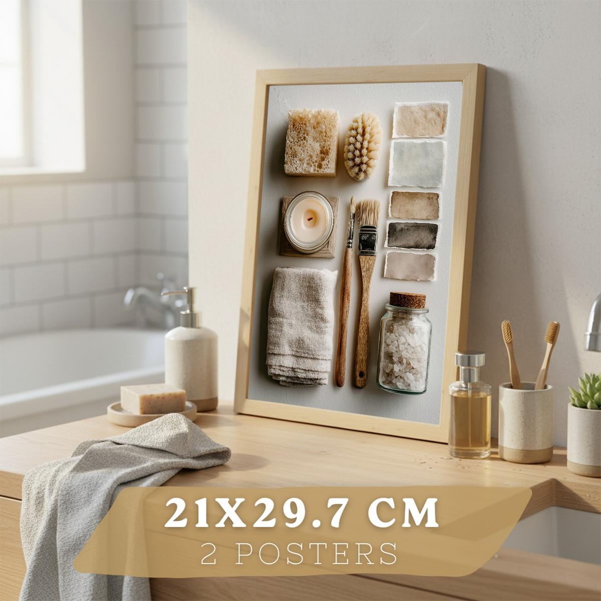 POSTER 2er-Set dekorative Badezimmer-Wandbilder und für Waschbecken, Dusche, WC mit Seifen, Tassen, Blumen künstlerischer Leichter Holzrahmen A4 - Beige, Papier (29.7/21/3cm) - Nacnic