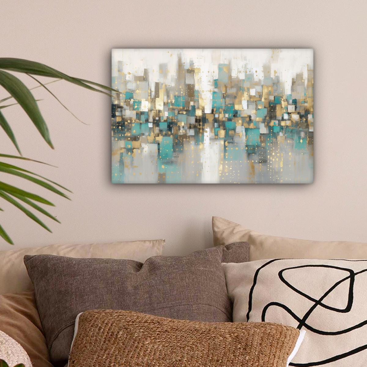 LEINWANDBILD Abstrakt - Blöcke - Gold - Skyline Deko Schlafzimmer 30x20 cm - Beige, Textil (30/20cm) - MuchoWow