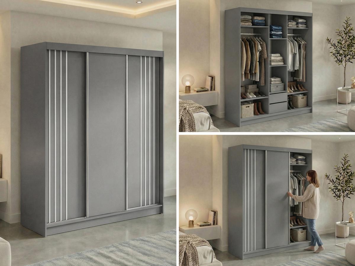 SCHWEBETÜRENSCHRANK mit Lamellen und Schubladen NAURU - 180 - Grau und Weiß - Alufarben/Weiß, Holzwerkstoff/Metall (180/216/61cm) - MKS