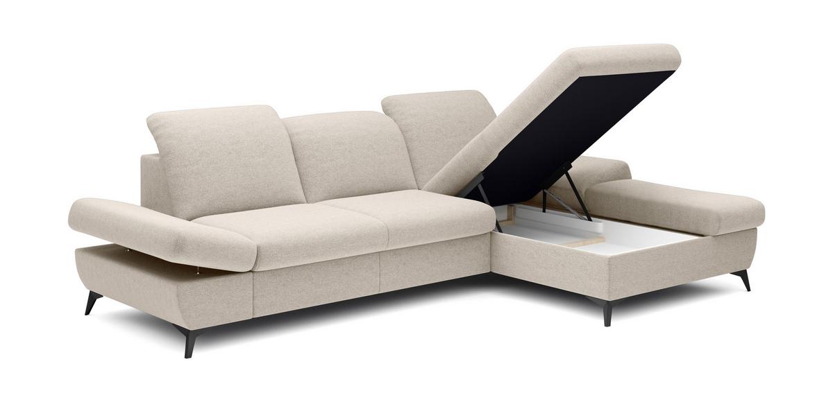 ECKSOFA FELICE R-S Creme Geflochtener Stoff mit Schlaffunktion - Creme, Holz (284/166cm) - MASSENO