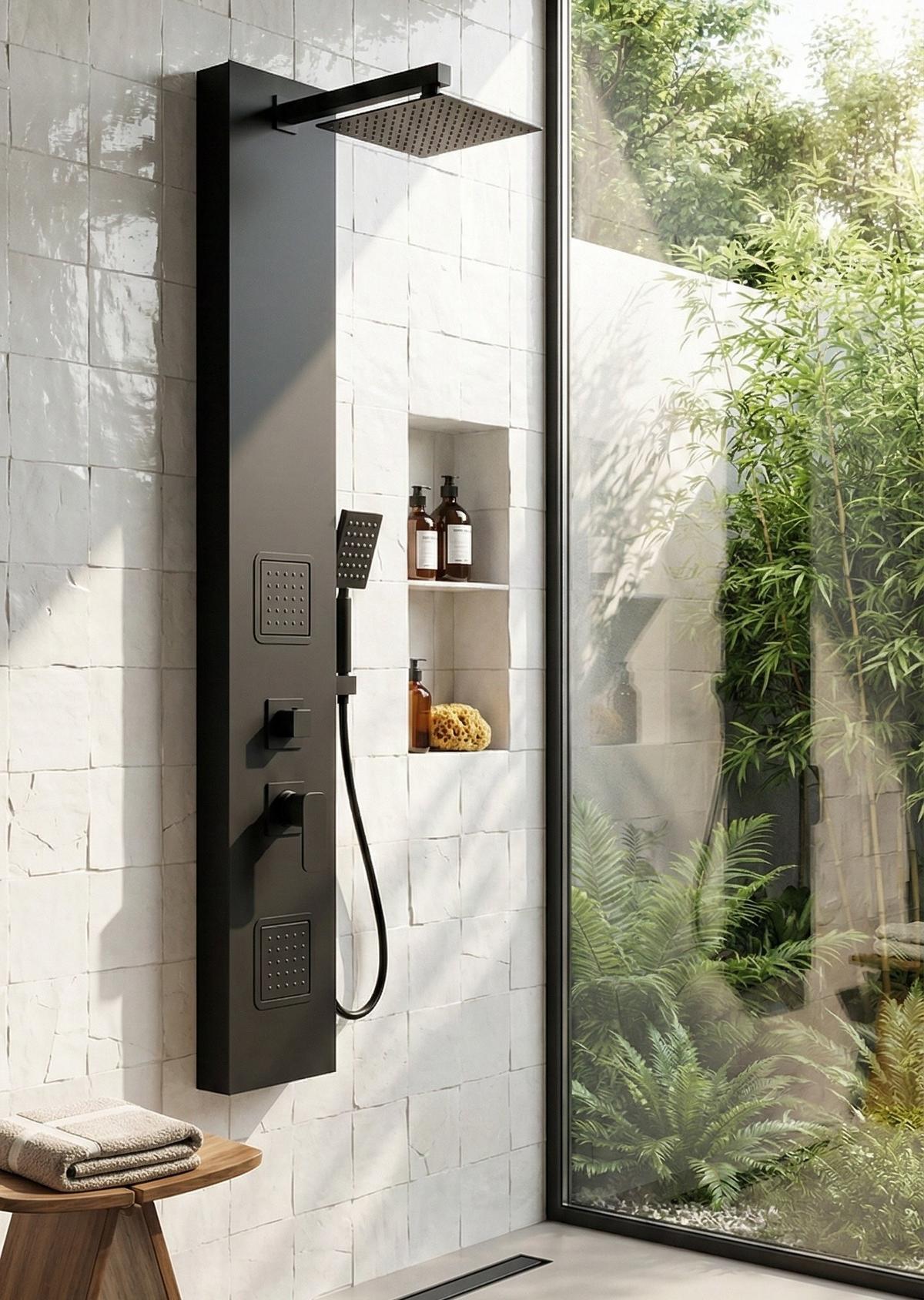 DUSCHPANEEL Hudson mit Mischbatterie Schwarz PVC – 120 x 20 cm - Schwarz, Holz (20/120/7cm) - Badplaats