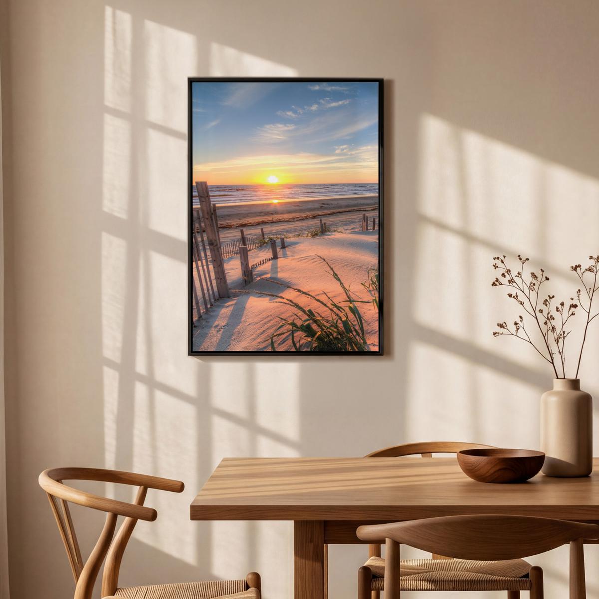 LEINWAND Bilder mit Rahmen - Strand - Meer - Düne - Sonnenuntergang - Landschaft - 60x90 - Beige, Textil (60/90cm) - MuchoWow