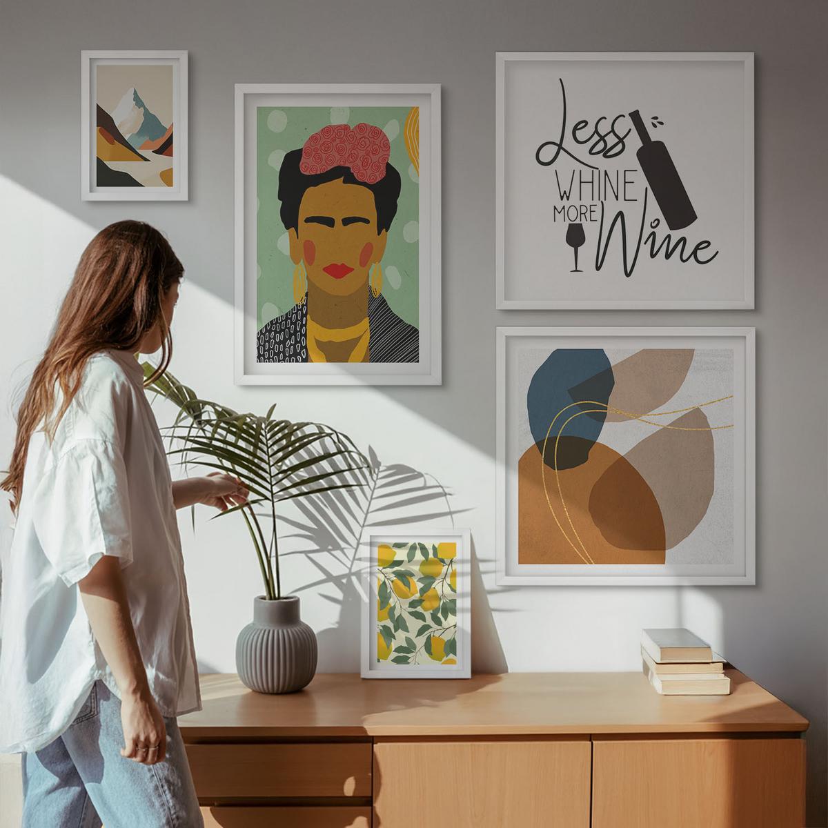 BILDER SET 5er Set - 50x50 cm & 20x30 cm & 40x60 cm Weißer Rahmen - Zitronenweinporträt von Frida - Weiß, Kunststoff (40/60cm) - TULUP