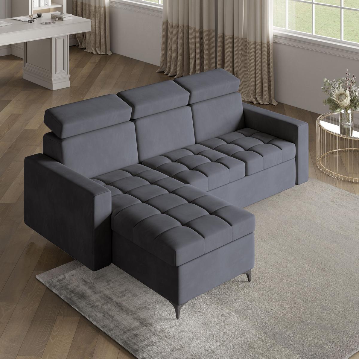 ECKSOFA KAME Grau Plüsch-Stoff mit Schlaffunktion - Schwarz/Grau, Holz/Textil (227/168cm) - MASSENO