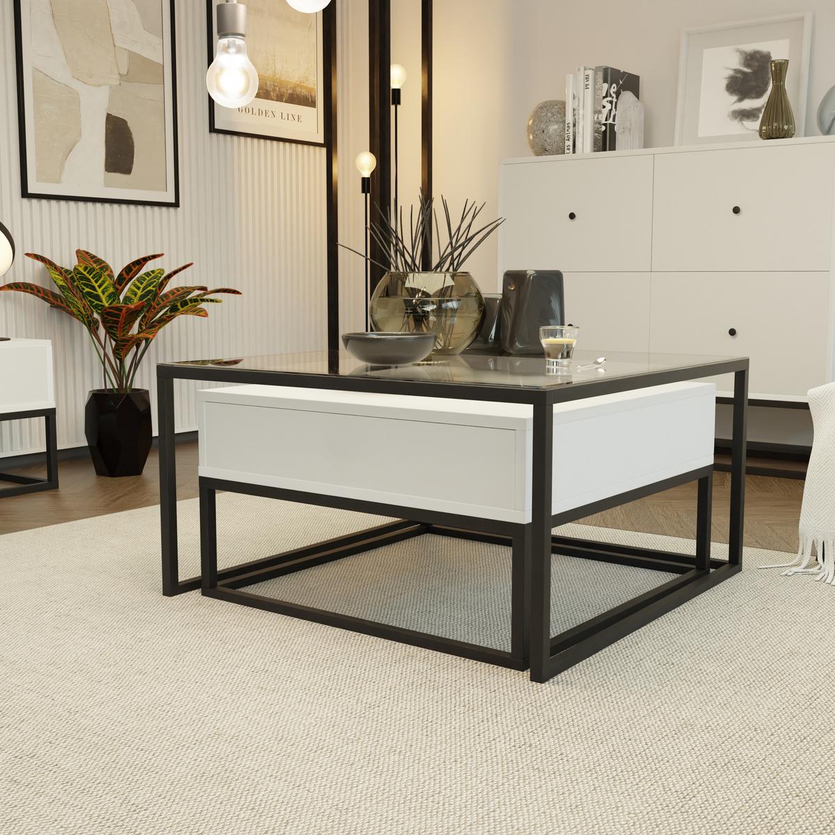 COUCHTISCH quadratisch Weiß, MDF/Glas Tischplatte, Rahmen Schwarz - Schwarz/Weiß, Glas/Holzwerkstoff (70/70/42cm) - Idohome
