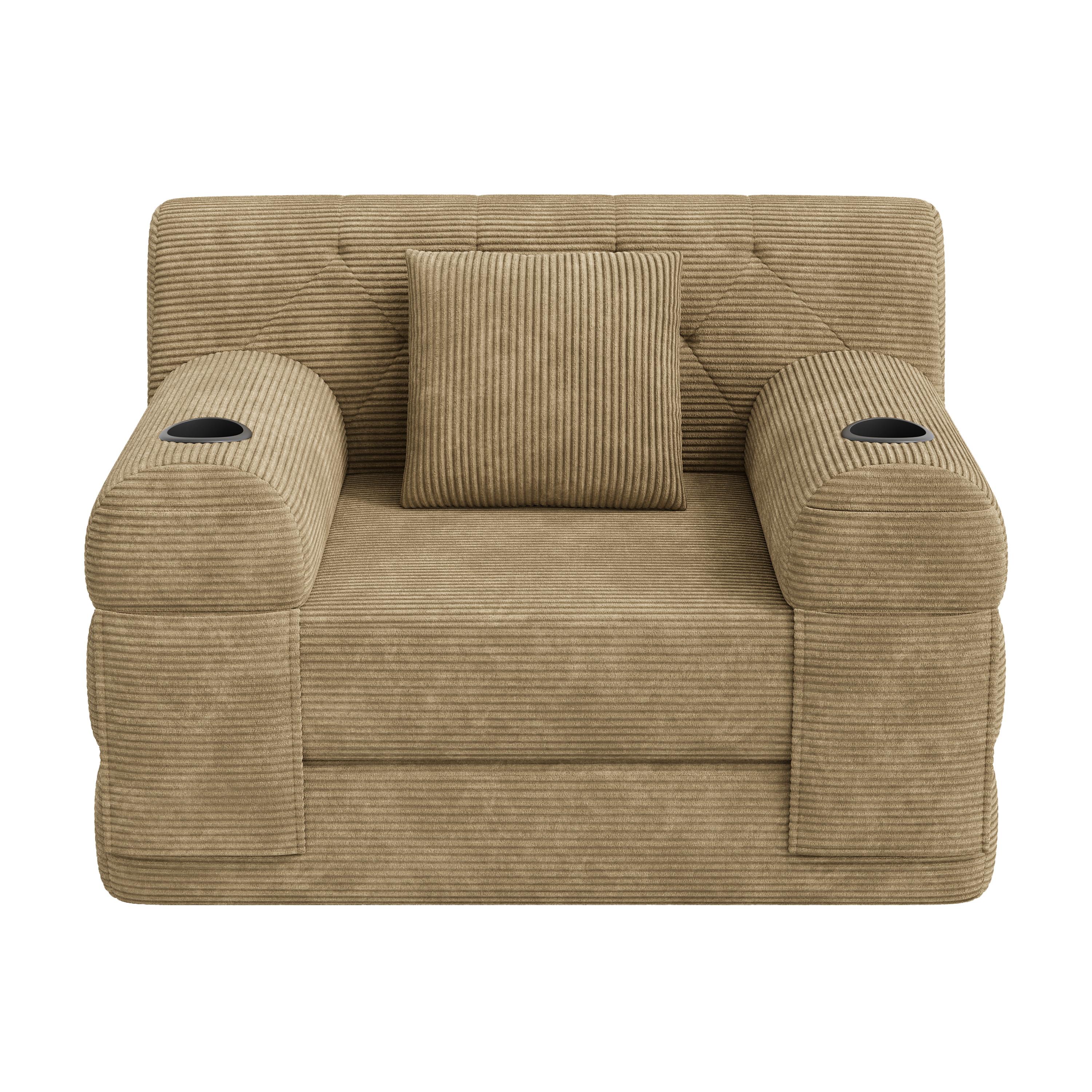 SCHLAFSOFA Cord mit Schlaffunktion, Getränkehalter & Taschen - Sandfarben, Textil (107/81/80cm) - Urban Meuble