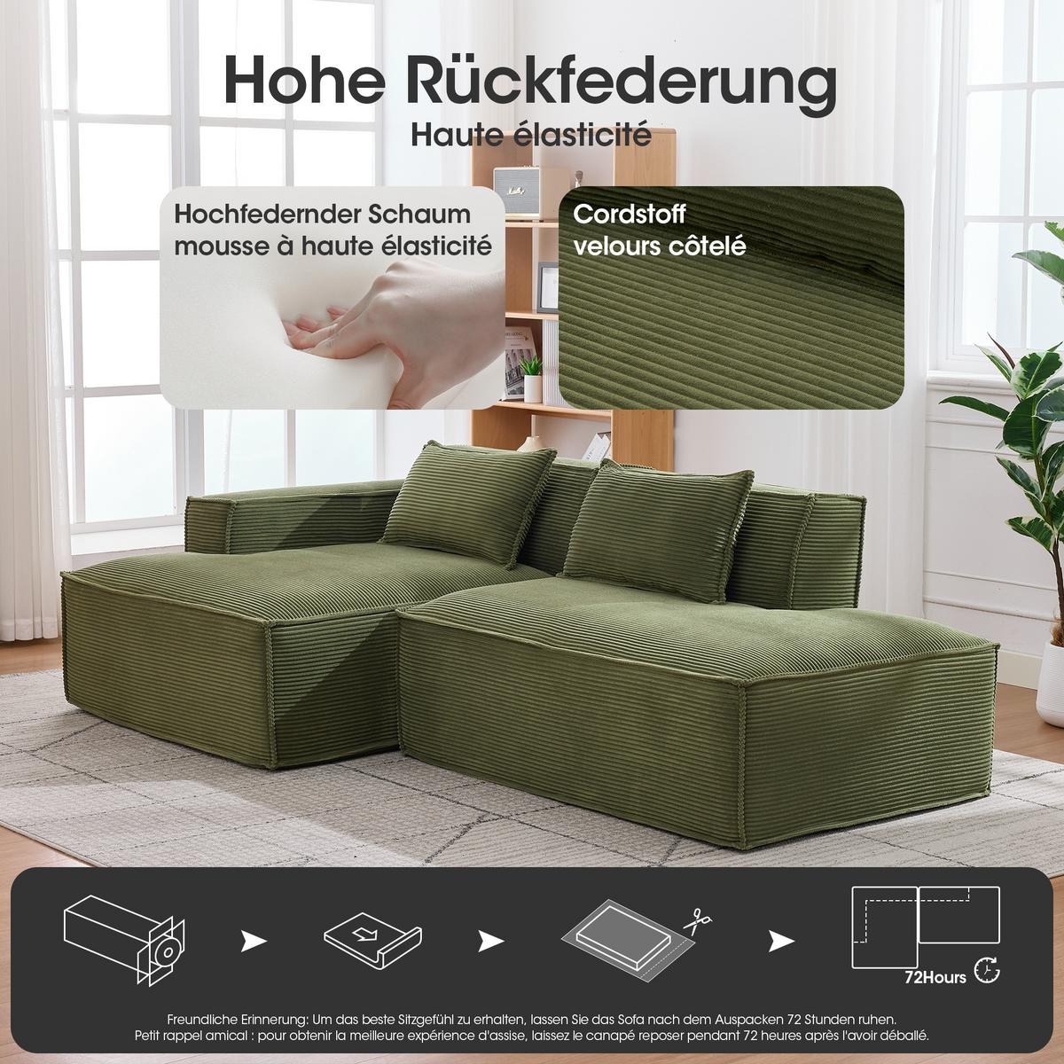ECKSOFA polyester L-form mit taschenfederkern & 2 kissen - Grün, Textil (235/129cm) - Urban Meuble
