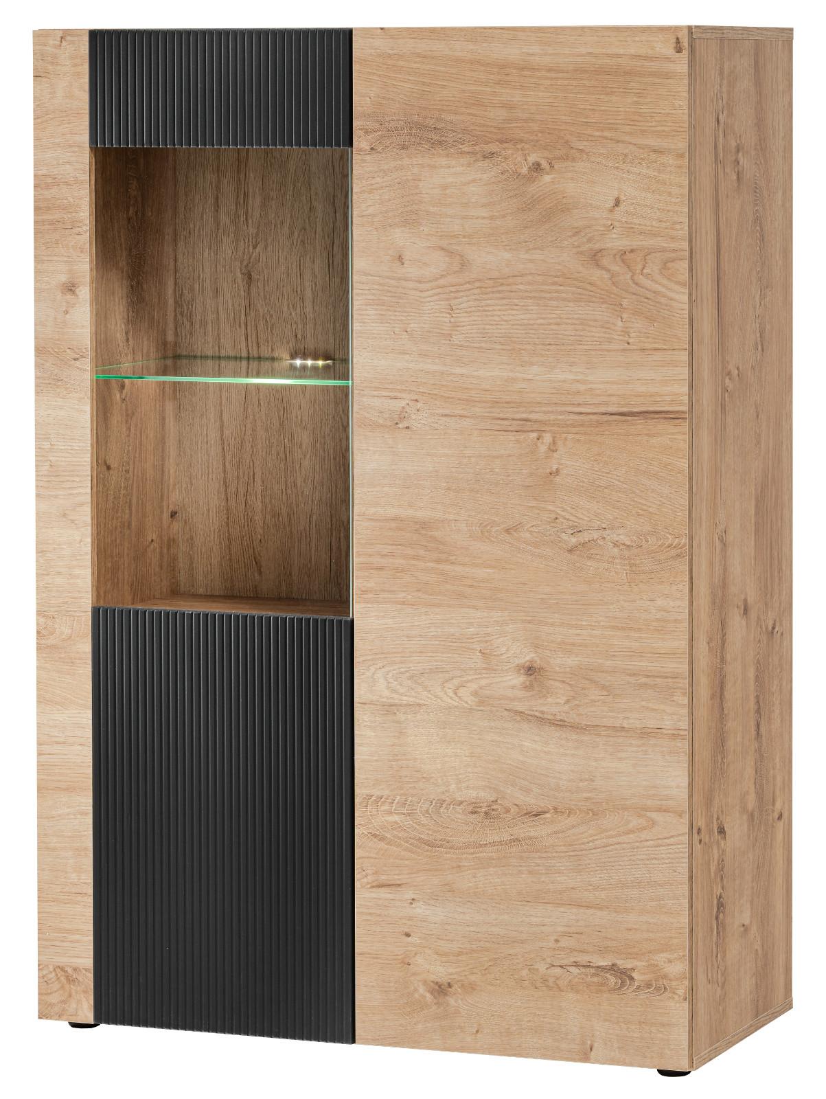 VITRINE Eiche, schwarz 90 x 120 cm, Highboard inklusive LED-Beleuchtung - Eichefarben/Schwarz, Glas/Holzwerkstoff (90/40/120cm) - Inn.Furn