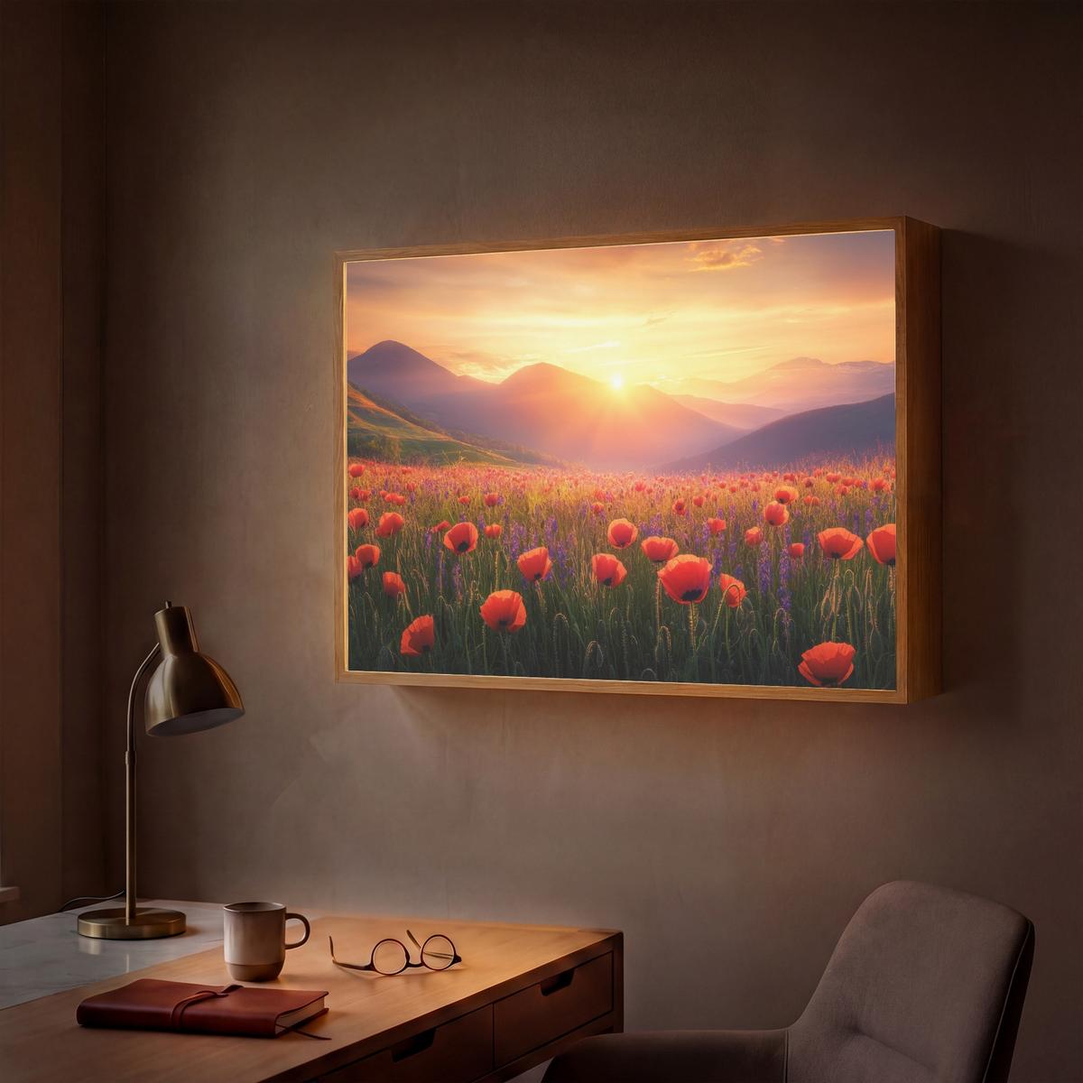 WANDLEUCHTE MIT AKKU Landschaft - Sonnenuntergang - Blumenfeld 100x70 cm - Rot, Holzwerkstoff (100/70/8cm) - OnlyWow