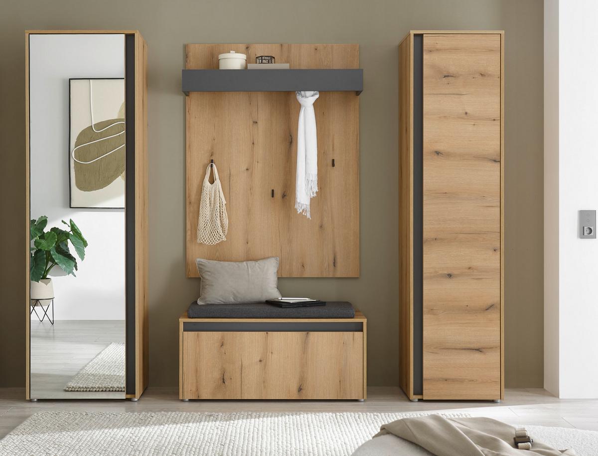 GARDEROBE-SET 5-teilig Evoke Eiche und Grau 230 cm, Flurgarderobe Komplett-Set inkl. Sitzkissen - Eichefarben/Schwarz, Glas/Holzwerkstoff (230/200/200cm) - Furn.Design