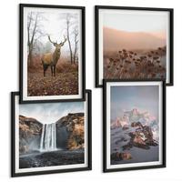 BILDER SET 4er Set - 50x50 cm & 40x60 cm Schwarzer Rahmen - Wilde Landschaften, Berge, Hirsche - Schwarz, Kunststoff (50/50cm) - TULUP