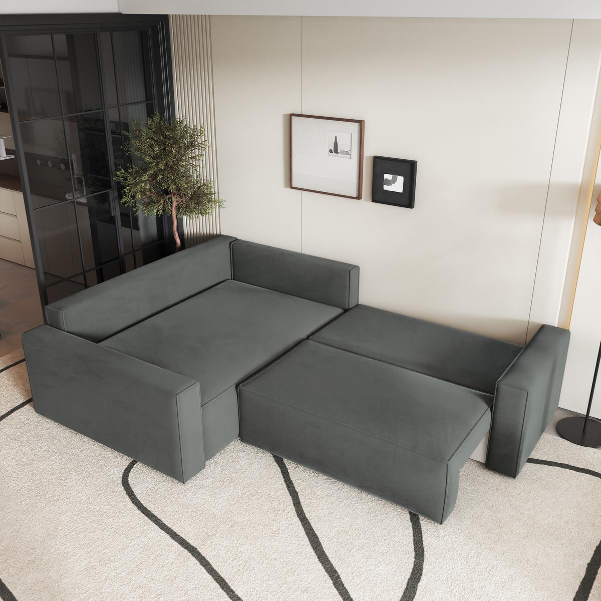 ECKSOFA ERONIS L-S Grau Velours-Stoff mit Schlaffunktion - Grau, Holz (265/194cm) - MASSENO