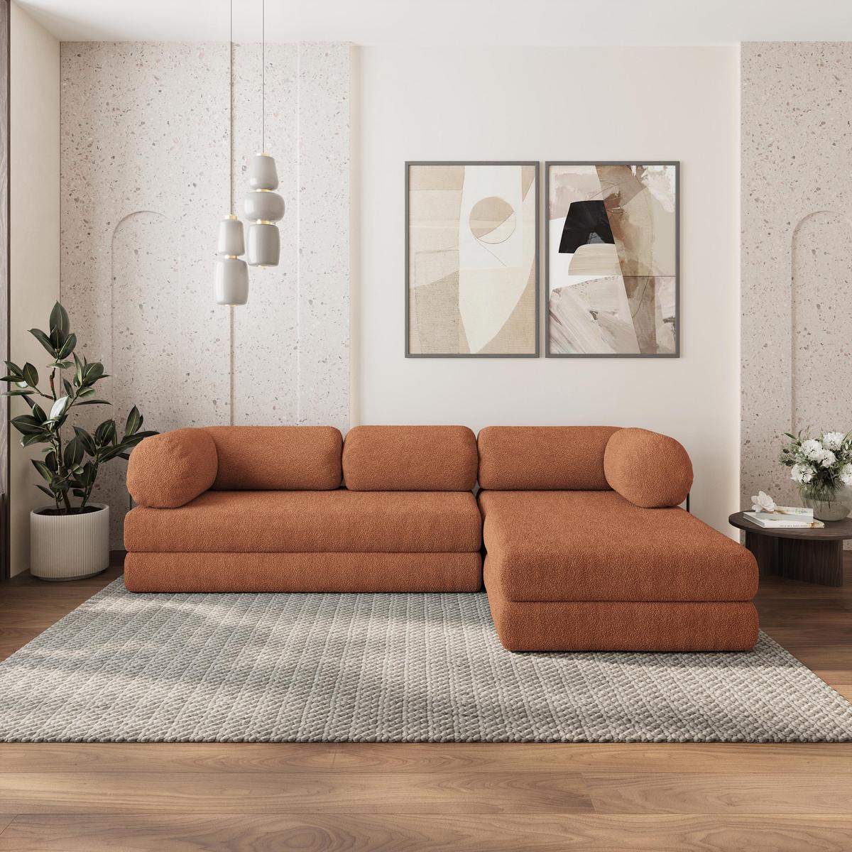 ECKSOFA KELI modulares Boneless Sofa mit Schlaffunktion Orange Boucle-Stoff - Orange, Textil (270/160cm) - MASSENO