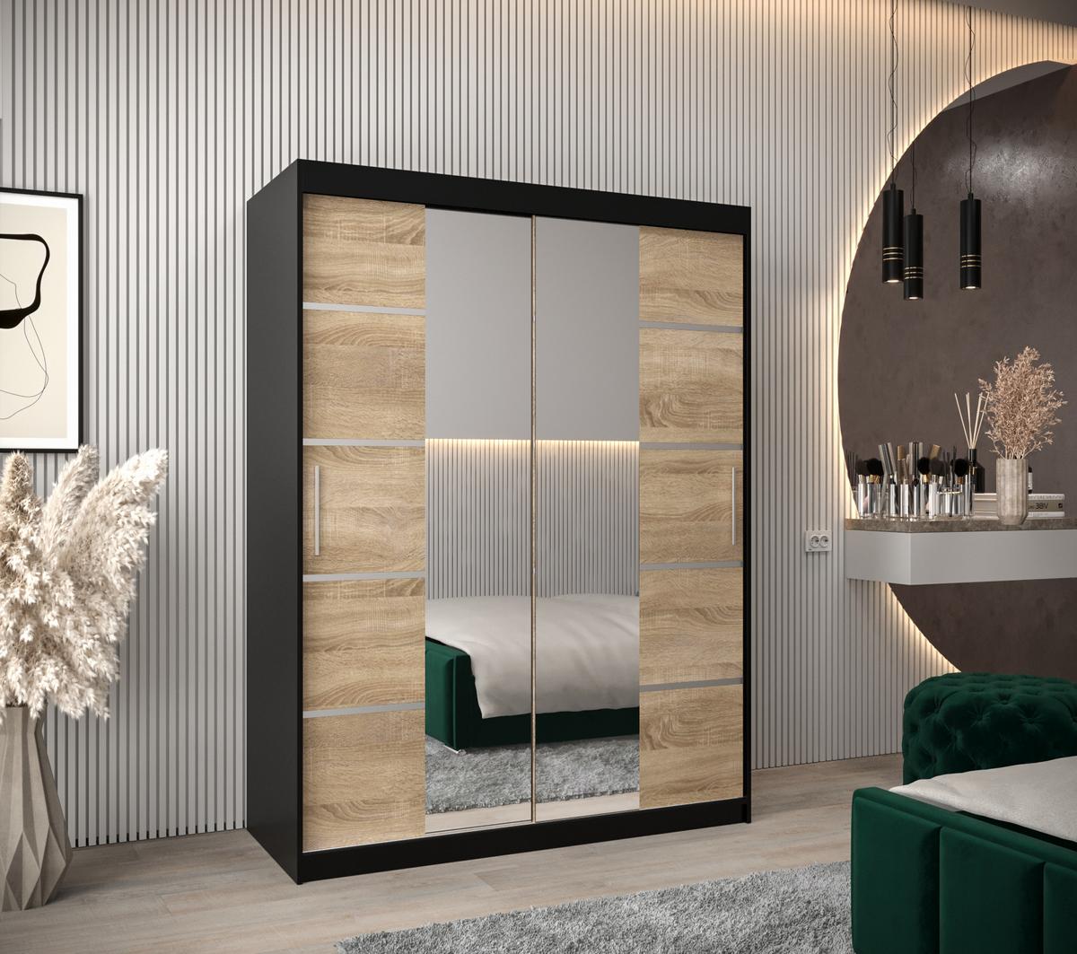SCHWEBETÜRENSCHRANK 200/150/62 2-türig - Silberfarben/Schwarz, Holz/Kunststoff (150/200/62cm) - MÖBEL KRYSPOL