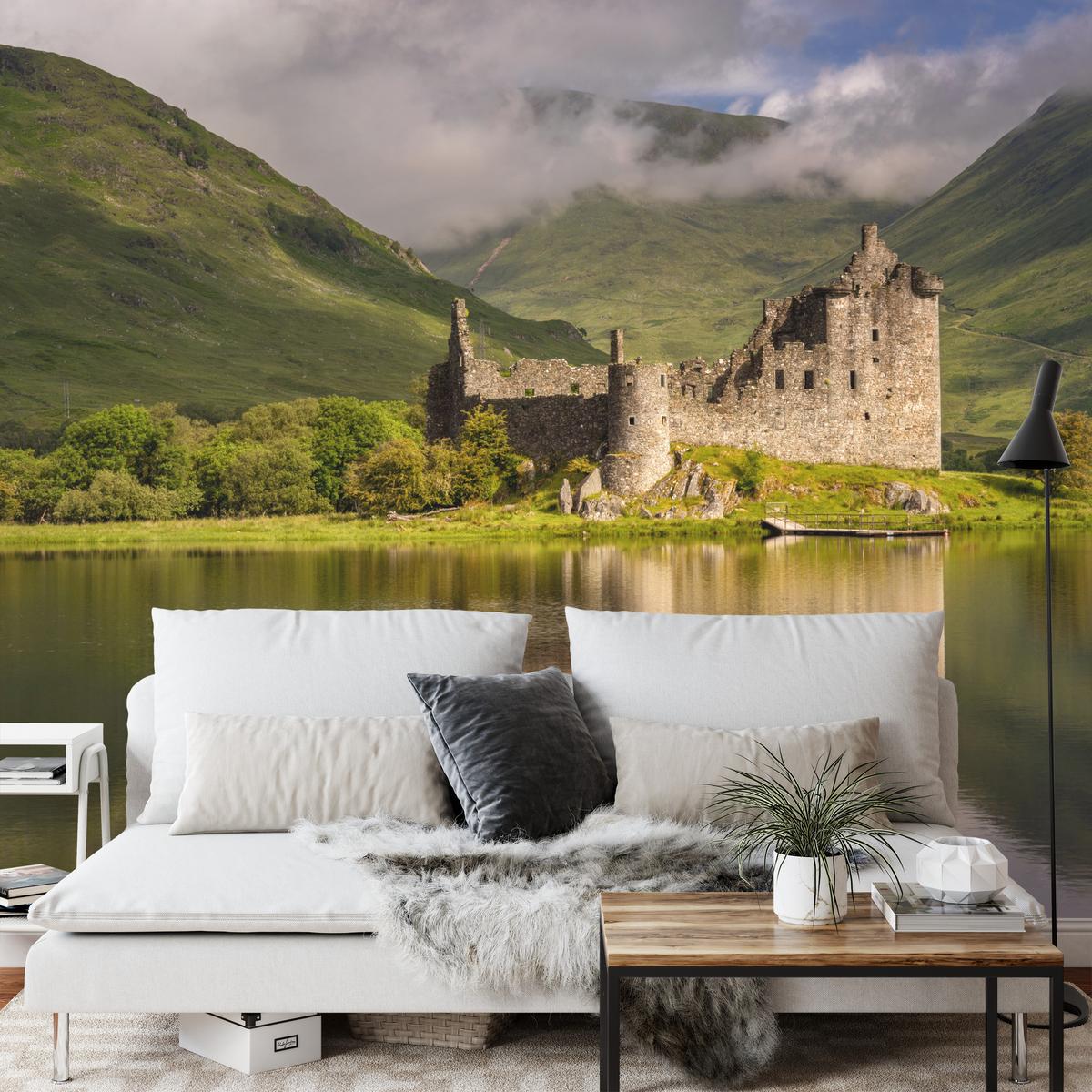 FOTOTAPETE Burgruine Kilchurn See Landschaft 3D 400x280 - Beige/Braun, Papier (400/280cm) - Muralo