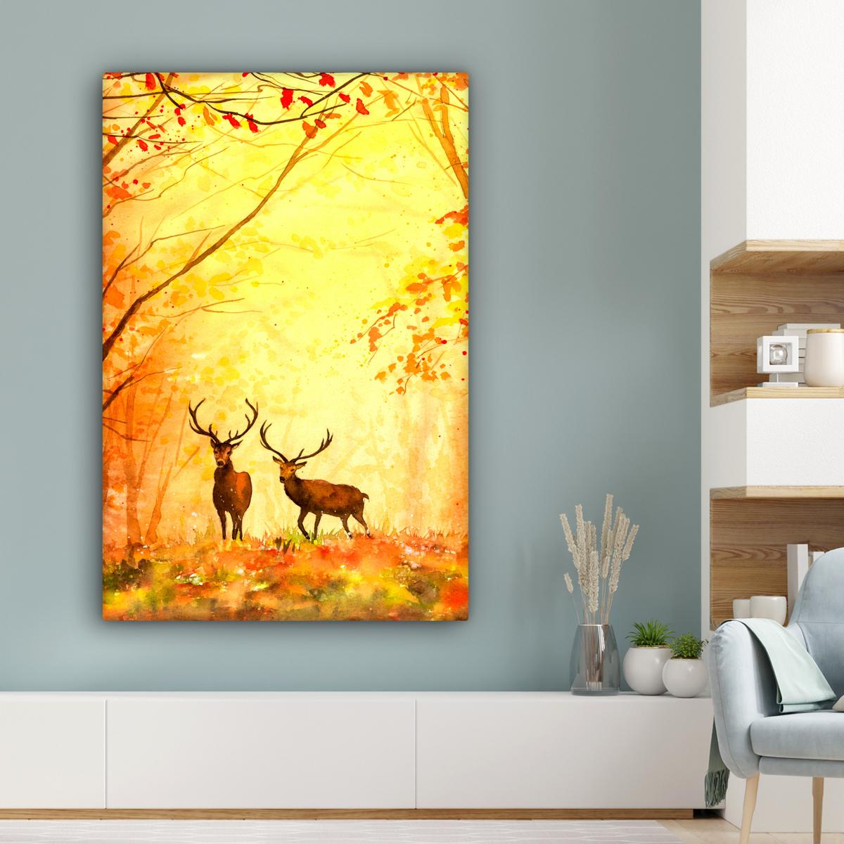 LEINWANDBILD Natur - Ölfarbe - Hirsche - Tiere - Herbst - Orange Deko XXL 80x120 cm - Orange, Textil (80/120cm) - MuchoWow
