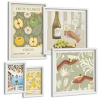 BILDER SET 5er Set - 50x50 cm & 20x30 cm & 40x60 cm Weißer Rahmen - Vintage-Poster mit Fruchtmustern - Weiß, Kunststoff (40/60cm) - TULUP