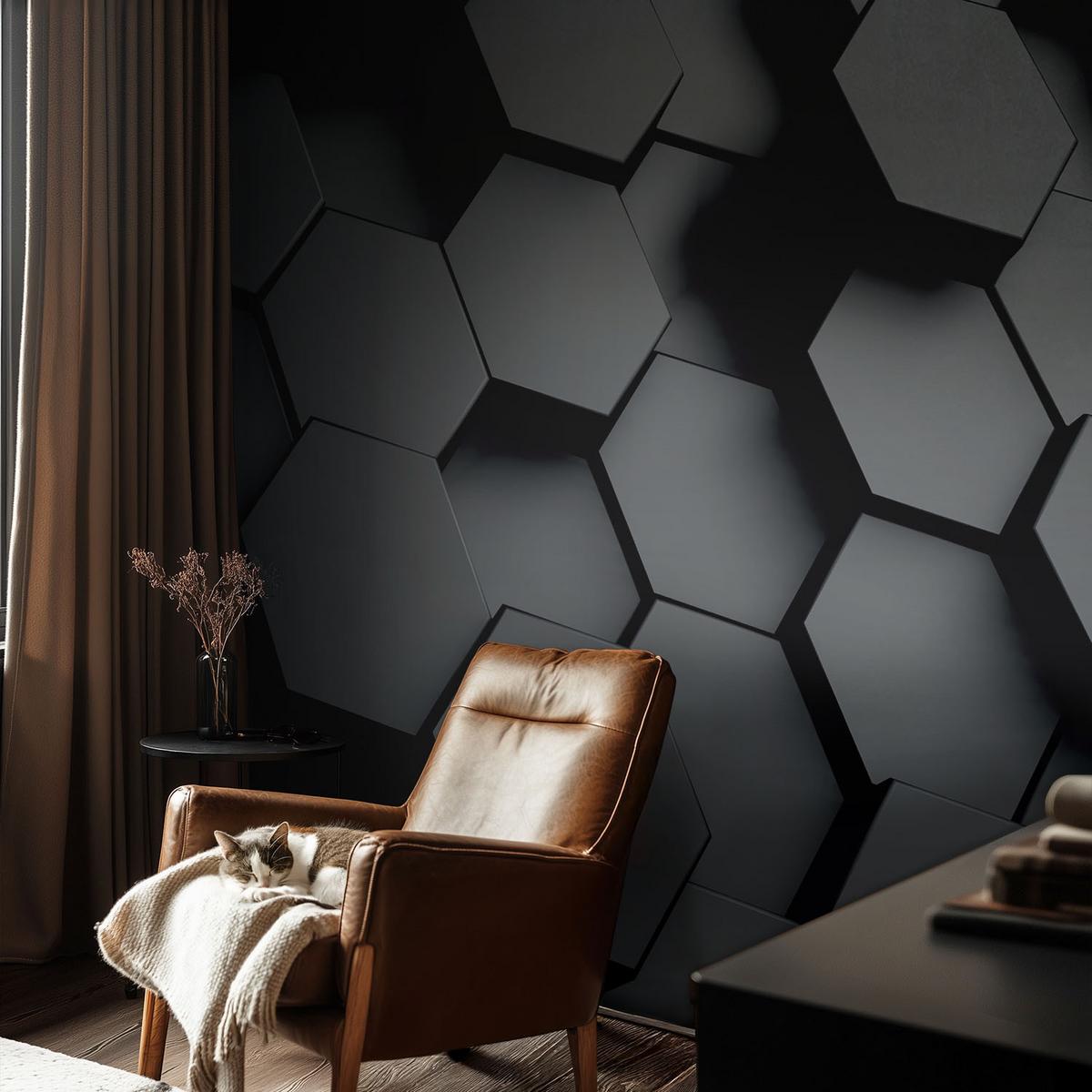 FOTOTAPETE 208x146 cm - 3D-Sechsecke - Schwarz, Textil (208/146cm) - Wallfluent