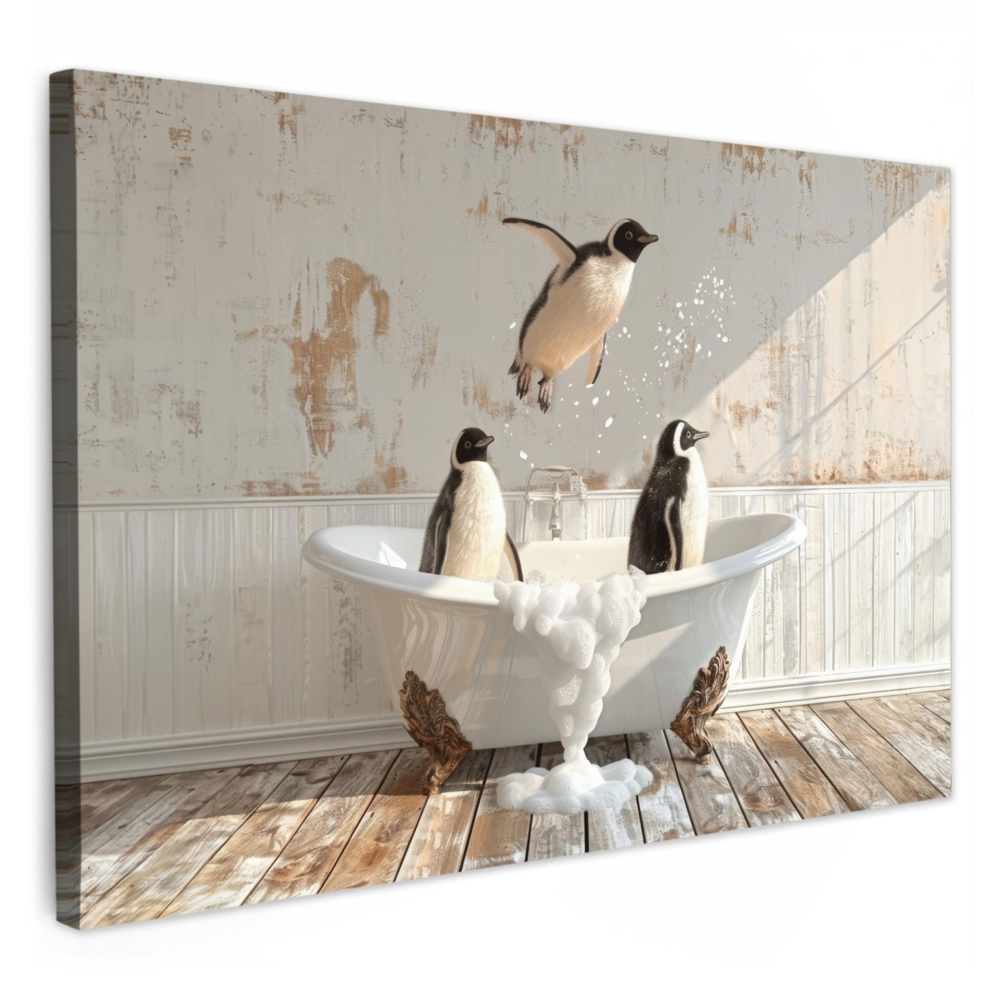 LEINWANDBILD Vintage - Pinguin - Badewanne - Schaumstoff Deko Schlafzimmer 30x20 cm - Schwarz, Textil (30/20cm) - MuchoWow