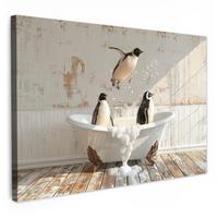 LEINWANDBILD Vintage - Pinguin - Badewanne - Schaumstoff Deko Schlafzimmer 30x20 cm - Schwarz, Textil (30/20cm) - MuchoWow