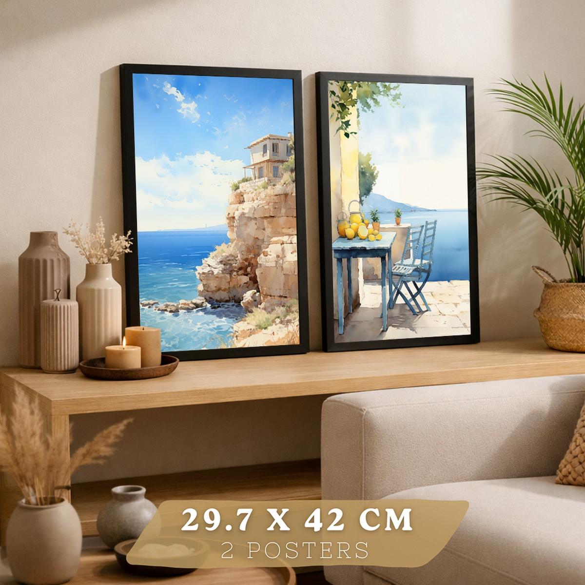 POSTER 3er Bilder-Set Wandbilder Strand Meer modern ohne Rahmen – Wohnzimmer Deko, Schlafzimmer, Küche, Badezimmer Schwarzer Rahmen A4 - Schwarz, Papier (29.7/1/21cm) - Nacnic