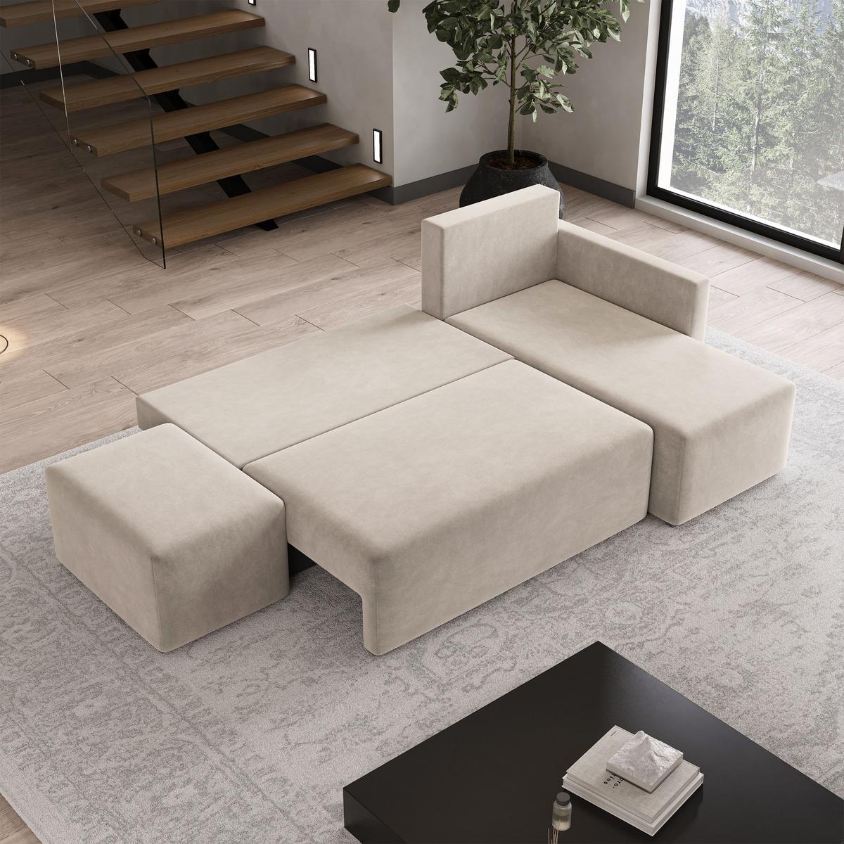ECKSOFA VELOTTI R-S Beige Plüsch-Stoff mit Schlaffunktion - Beige, Holz (261/143cm) - MASSENO