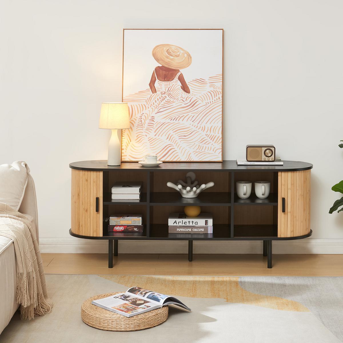 TV-ELEMENT Tvedestrand - Schwarz/Naturfarben, Holzwerkstoff/Metall (140/55/40cm) - [en.casa]