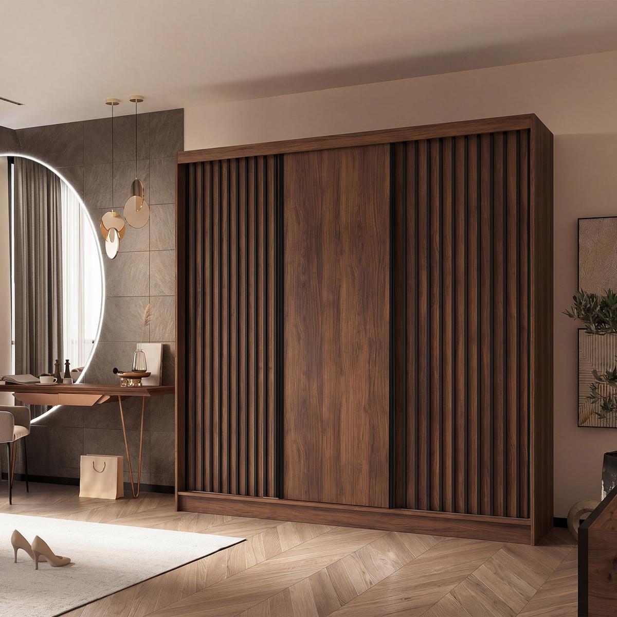 SCHWEBETÜRENSCHRANK Helios II mit Schubladen und Lamellen 240/216/61 Walnuss+Schwarz - Walnussfarben, Holzwerkstoff (240/216/61cm) - Beautysofa