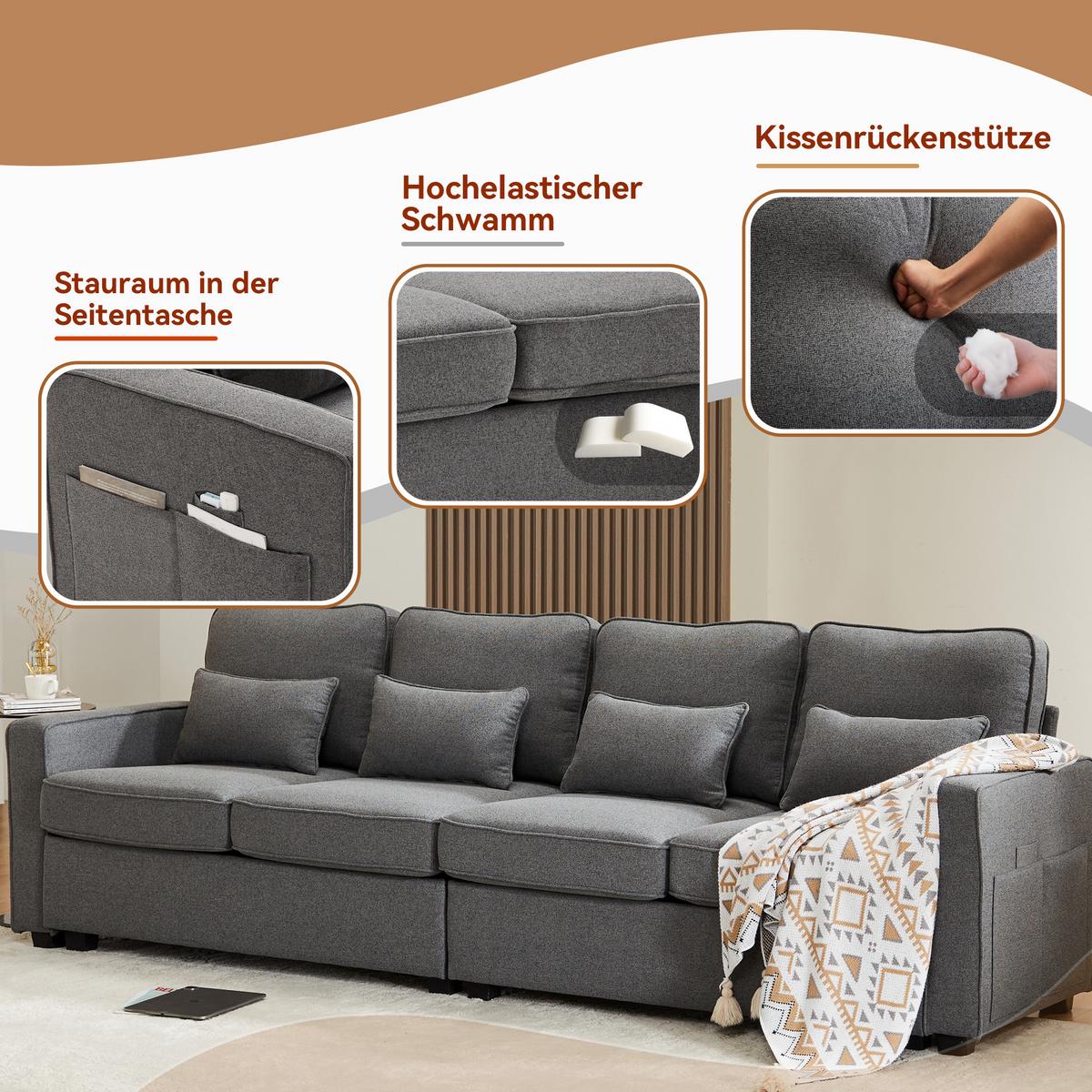 4-SITZER-SOFA Mit Leinenarmlehnen Und 4 Kissen Grau 264/83/87 cm - Grau, Holzwerkstoff/Metall (83/87/264cm) - Urban Meuble