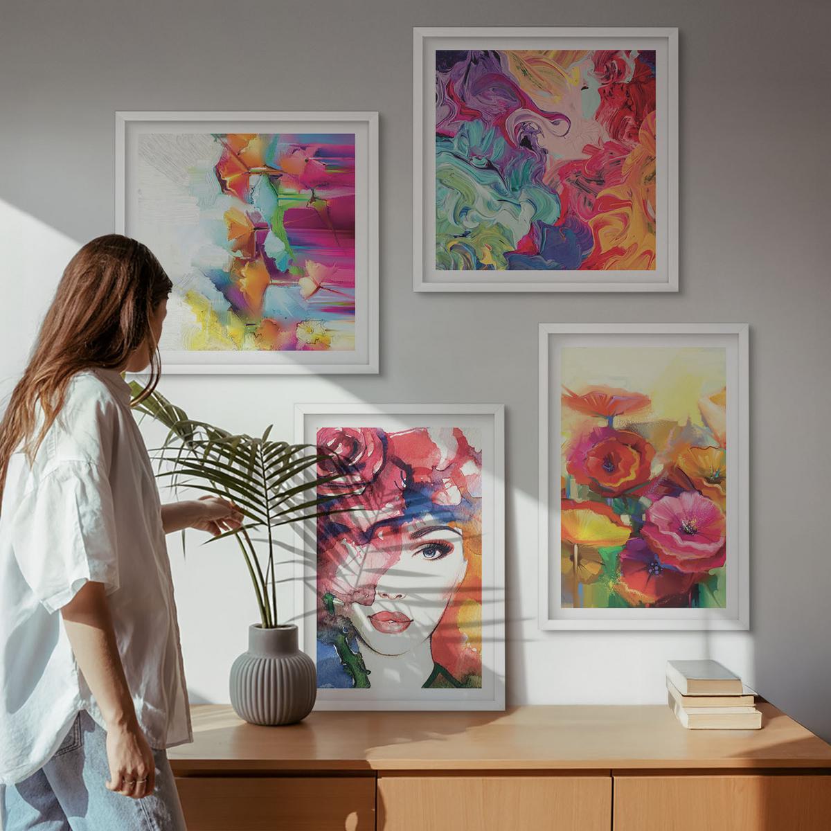 BILDER SET 4er Set - 50x50 cm & 40x60 cm Weißer Rahmen - Porträt von Blumen in intensiven Farben - Weiß, Kunststoff (50/50cm) - TULUP