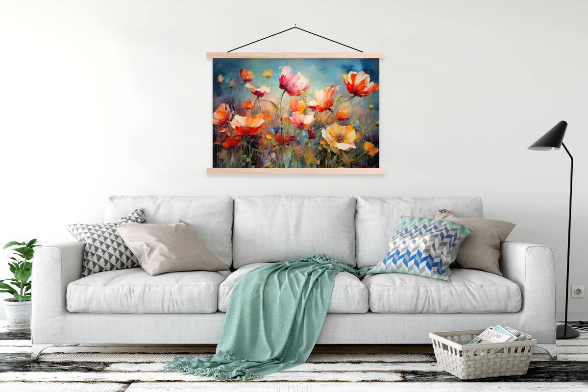 POSTER MIT MAGNETLEISTEN Blumen - Aquarell - Kunst - Botanisch - Natur Magnetleiste 120x80 cm - Orange, Textil (120/80/0.15cm) - MuchoWow