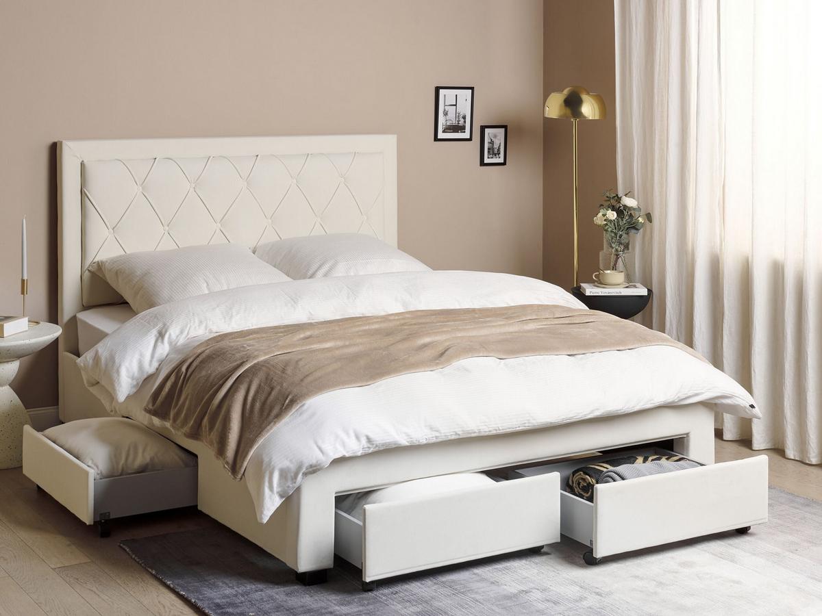 BETT mit Schubladen 160/200 cm Samtstoff Hellbeige Lievin - Beige, Textil (160/200cm) - Beliani