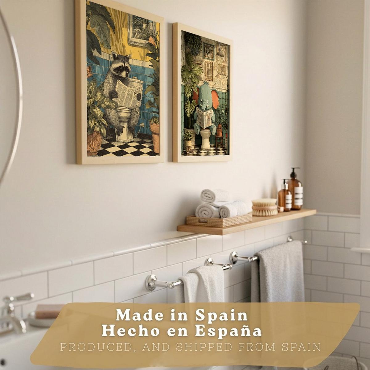 POSTER 2er-Set lustige Badezimmer-Kunstdrucke, Bilder mit lustigen Tieren auf der Toilette, witzige, Badezimmerdekoration, Dusche Rahmenlos A4 - Klar, Papier (29.7/21/3cm) - Nacnic
