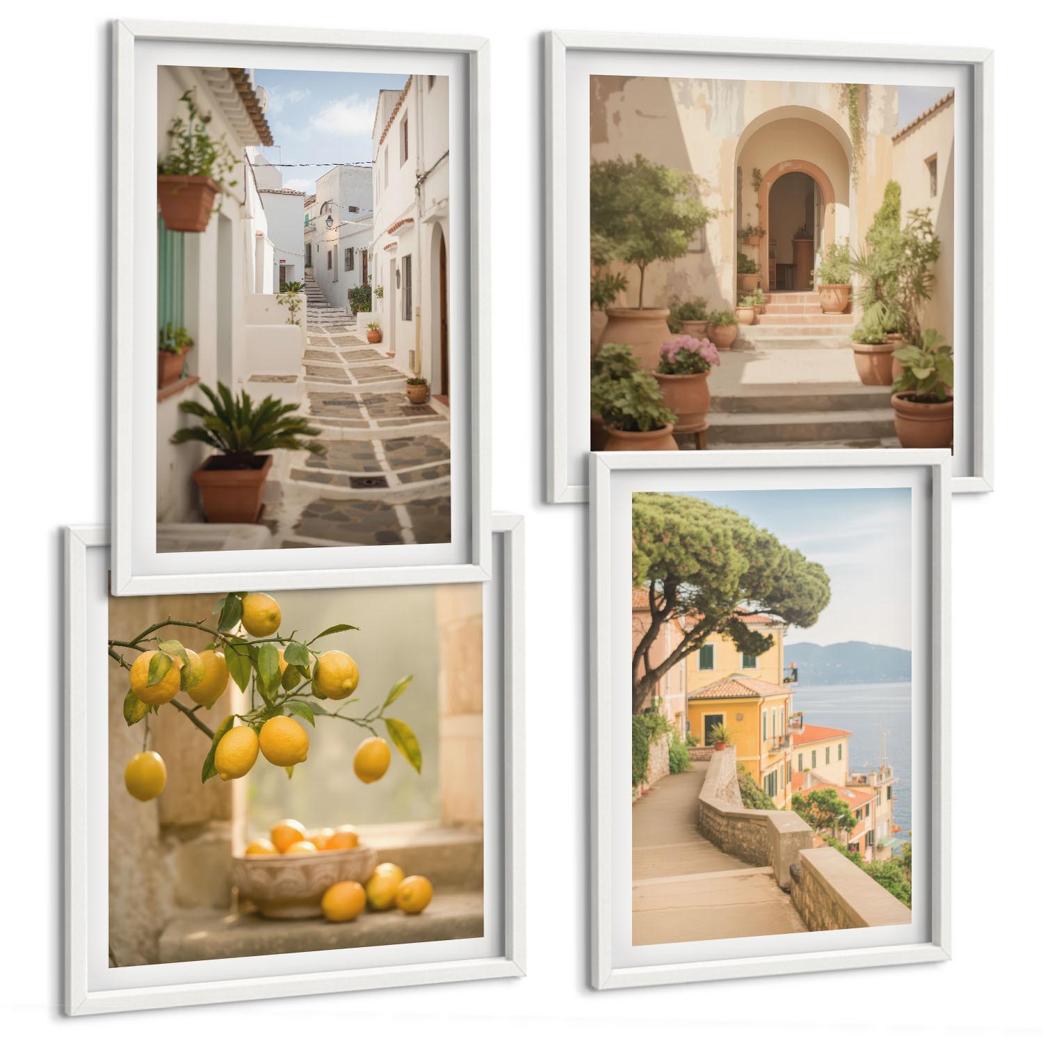 BILDER SET 4er Set - 50x50 cm & 40x60 cm Weißer Rahmen - Zitrusbaum im Fenster am Meer - Weiß, Kunststoff (50/50cm) - TULUP