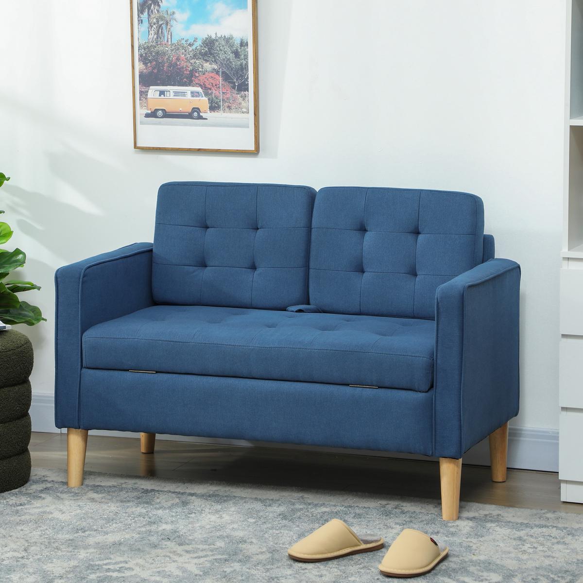2 Sitzer Sofa, Couch mit Stauraum, Holzbeine, Gepolsterter Polstersofa, Blau - Blau/Eukalyptusholzfarben, Holz/Textil (62/78/117cm) - HOMCOM