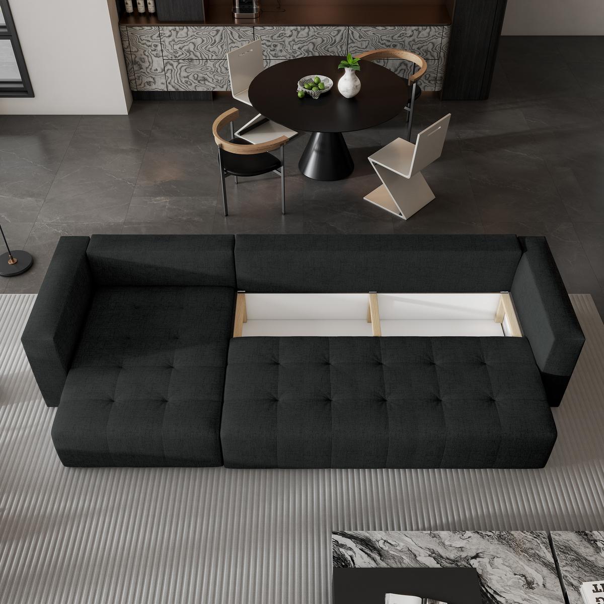 ECKSOFA OLVERA Schwarz Geflochtener Stoff mit Schlaffunktion - Schwarz, Holz (347/148cm) - MASSENO