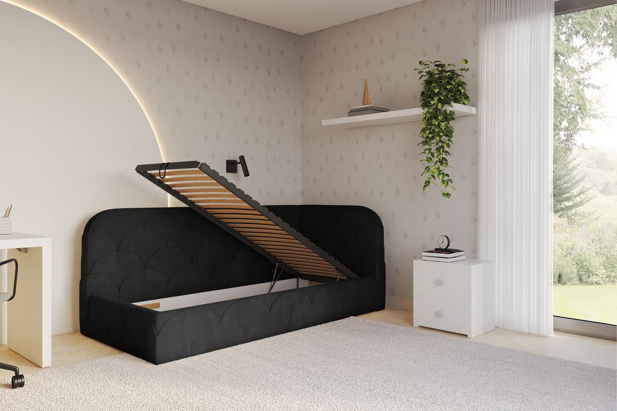 EINZELLBETT Jugendbett mit Bettkasten, Links - ELRY 80x200 Schwarz - Schwarz, Holzwerkstoff/Textil (80/200cm) - ALTDECOR