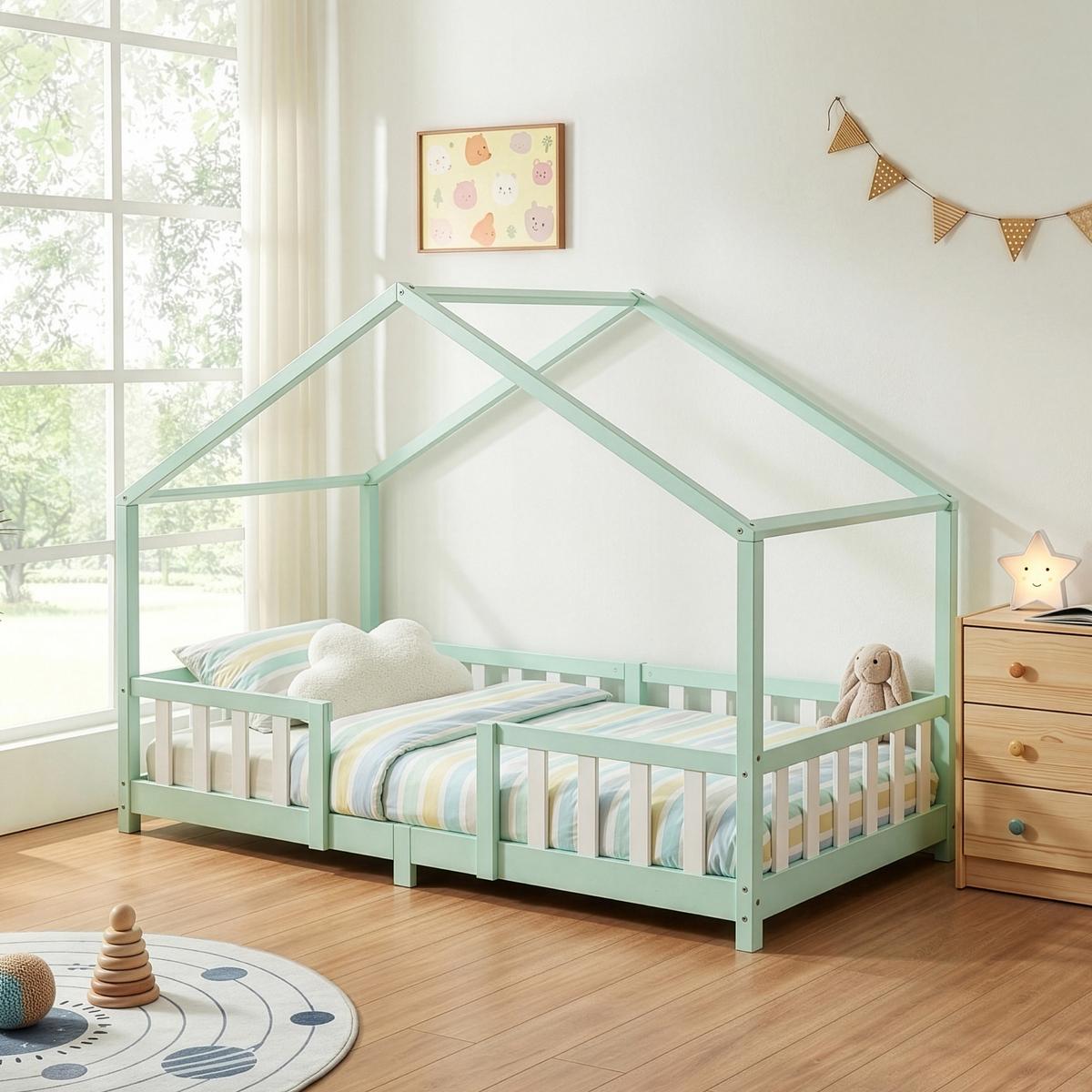 HAUSBETT Treviolo - Weiß/Mintgrün, Holz (90/200cm) - [en.casa]