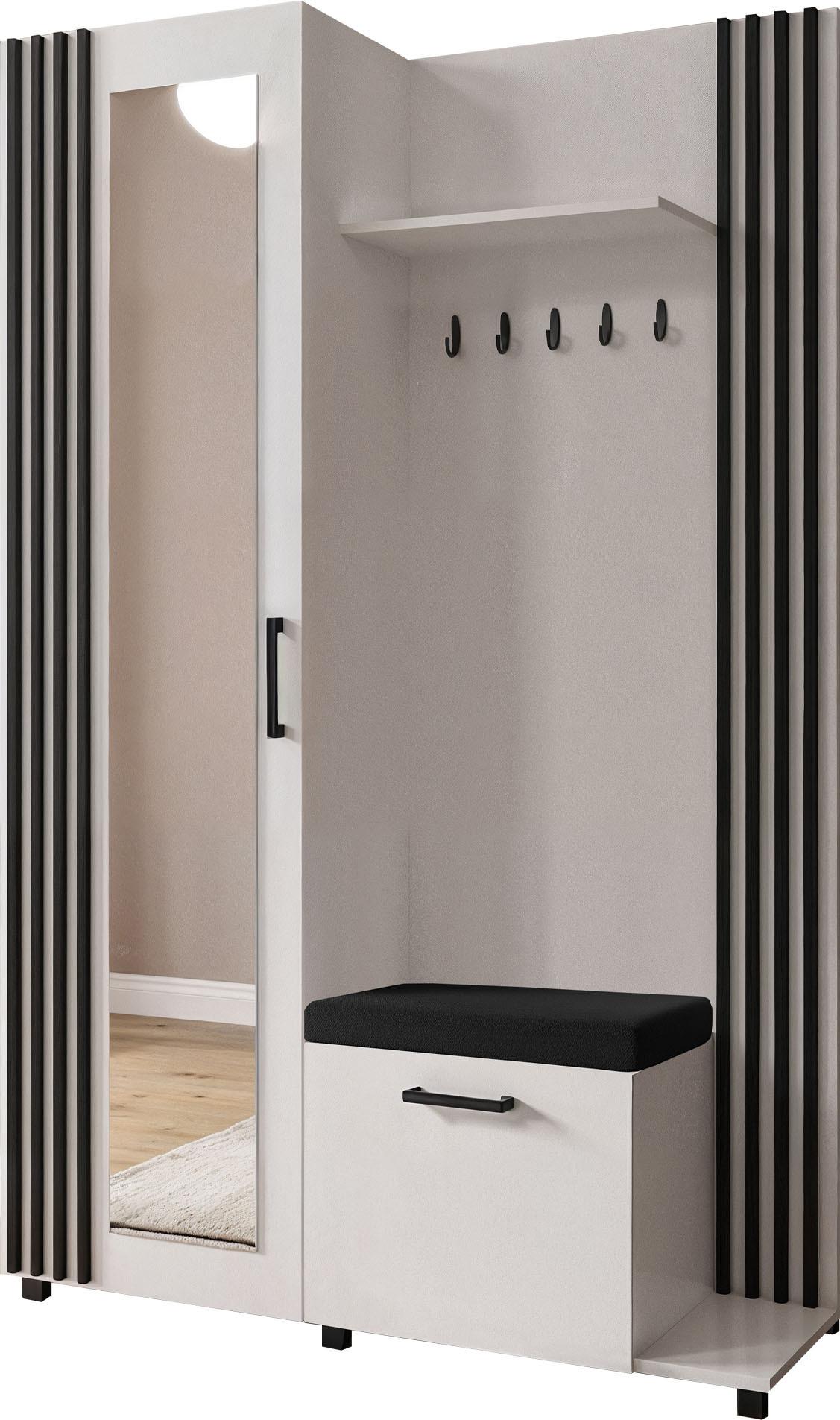 GARDEROBE Linaro mit Spiegel, Sitzbank in Lamellen-Optik 137/207/42 cm, Rechts - Multicolor/Schwarz, Holzwerkstoff (137/207/42cm) - WFL GROUP