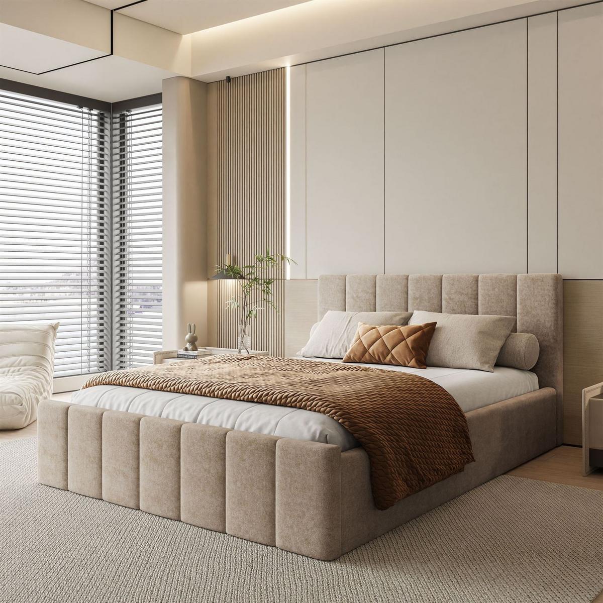 POLSTERBETT ELISE 90x200 cm Boston Trufa, Kopfteil 95 cm, 17 Holzlatten - Beige, Textil (90/200cm) - Lookway