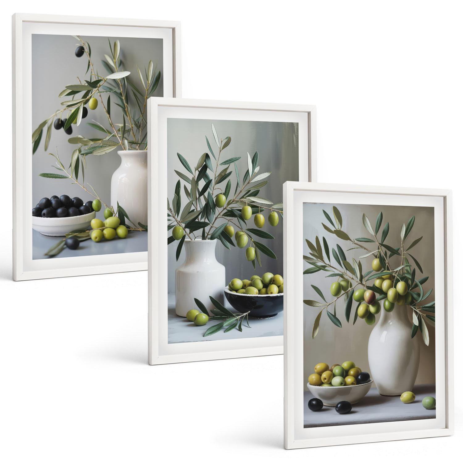 BILDER SET 3er Set - 40x60 cm Weißer Rahmen - Oliven in grauen Vasen - Weiß, Kunststoff (40/60cm) - TULUP