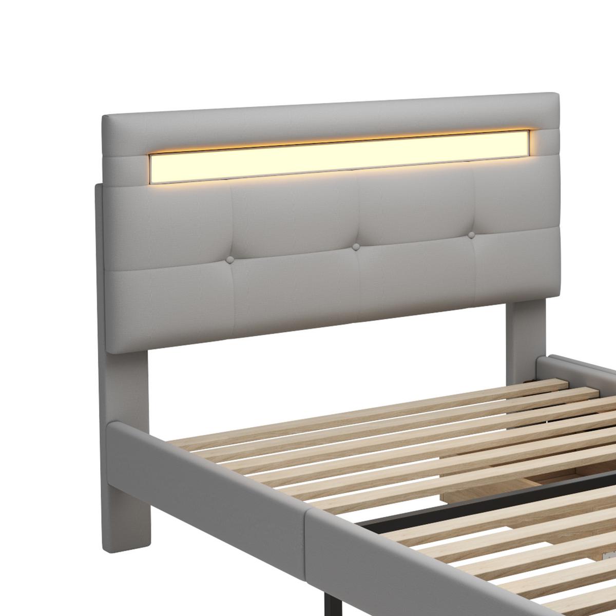 POLSTERBETT 90x200 cm in Leinen-Optik Grau mit LED-Beleuchtung & 2 Schubladen - Grau, Textil (90/200cm) - Urban Meuble