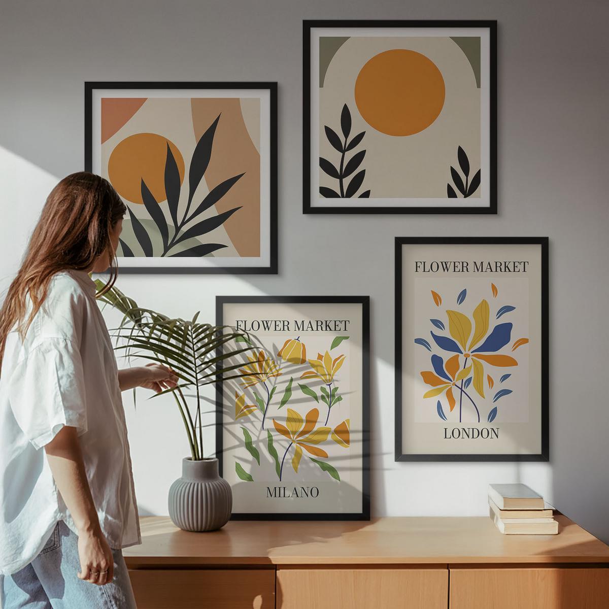BILDER SET 4er Set - 50x50 cm & 40x60 cm Schwarzer Rahmen - Blumenposter Paris Mailand - Schwarz, Kunststoff (50/50cm) - TULUP